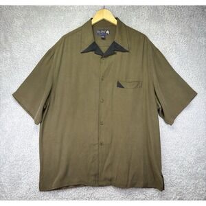 Nat Nast Mens XL Shirt Olive Green Silk Button Up Camp Bowling Retro Rockabilly